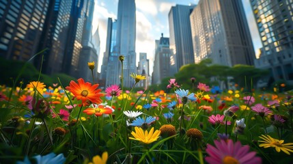 A field with flowers in the middle of a city - obrazy, fototapety, plakaty