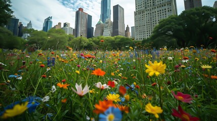 A field with flowers in the middle of a city