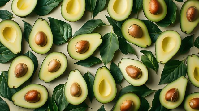 A background with avocado fruits and leaves