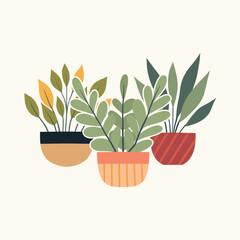 Vector illustration of greenery in clay pots in flat style. Composition of house plants in various vases for cards and articles. Home hobby. - 770470654