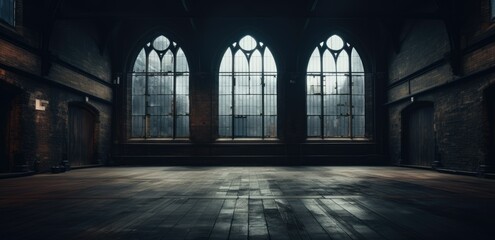 Spacious empty hall with Gothic windows casting light on the floor, evoking a moody atmosphere.