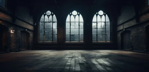 Fotobehang Spacious empty hall with Gothic windows casting light on the floor, evoking a moody atmosphere. © AdibaZR