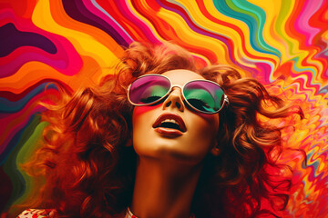 Psychedelic Retro Vibes. Portrait of a beautiful woman in glasses having a psychedelic experience, retro waves. Generative AI