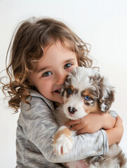 Happy curly haired little girl hugging her puppy