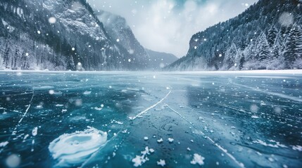 Cracks on the surface of the blue ice. Frozen lake in winter mountains. It is snowing. The hills of pines