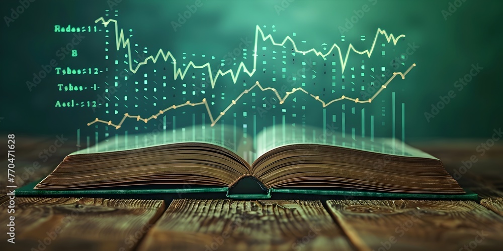 Poster visualizing financial growth and investment strategies through a transforming book of rising charts 