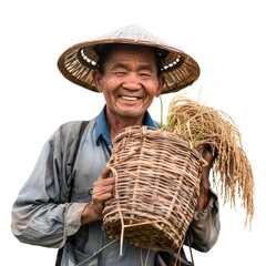 A farmer carries rice grains in a basket, feeling happy with the abundant harvest.