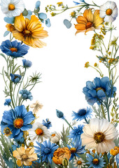 Artistic design featuring blue and yellow flowers on white background - obrazy, fototapety, plakaty