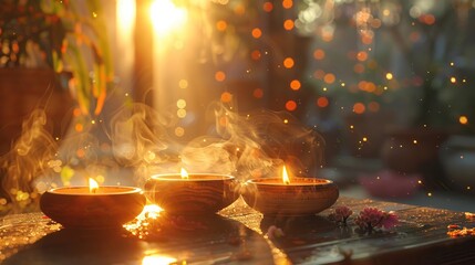 fragrance candles, echoes of past cultures, aromatherapy voyage, diverse scents, golden hour, lens flare - obrazy, fototapety, plakaty