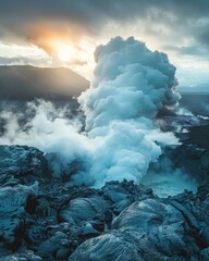 Volcanic crater, ash cloud, rocky terrain - obrazy, fototapety, plakaty