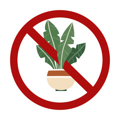 Vector forbidden sign with house plant isolated from background. Growing tropical flowers is prohibited. Do not touch rare flowers. Allergy danger - 770472206