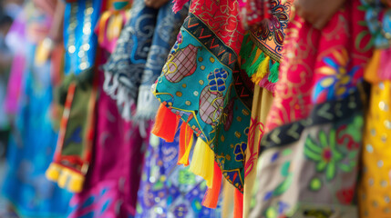 Traditional ethnic garments hanging in a row, showcasing vibrant colors and detailed patterns These are indicative of specific cultural attire - obrazy, fototapety, plakaty