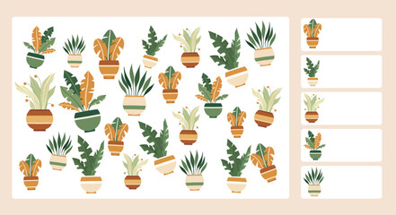 Educational game vector template. Count how many identical plants there are. I m a spy game for kindergarten and primary school children. Plants in various vases - obrazy, fototapety, plakaty
