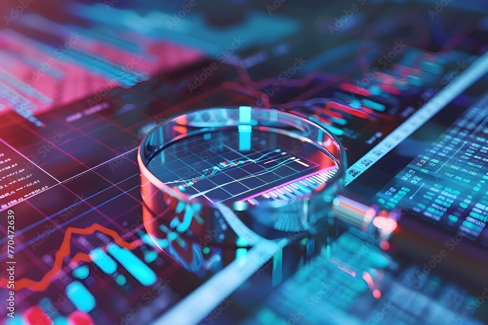 Poster analyzing financial data through advanced magnifying glass for deeper insights and strategic decisio