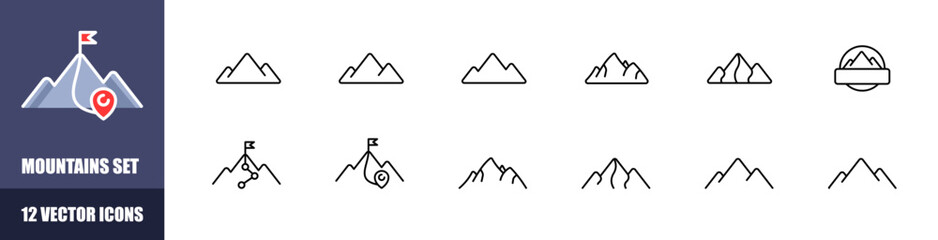 Mountains icon set. Linear style. Vector icons