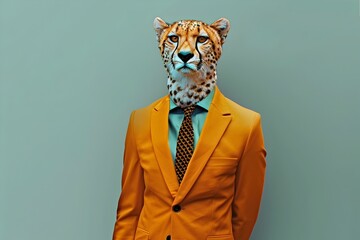 Anthropomorphic Cheetah in Geometric Suit Poses for Candid Portrait