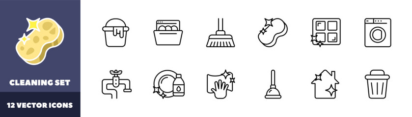 Cleaning icon set. Linear style. Vector icons