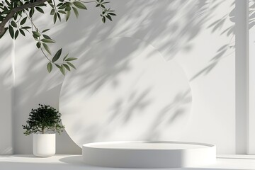 Elegant Geometric Nature Podium with Leaf Shadow Display for Modern Beauty Product Showcase