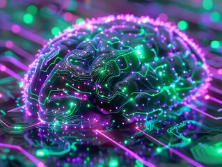 Conceptual 3D digital brain composed of nano technology circuits, with neon green synapses and violet neurons - obrazy, fototapety, plakaty