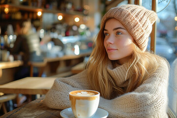 Young pretty girl in her twenties wearing a cap is sitting in a cafe with a freshly made coffee - obrazy, fototapety, plakaty