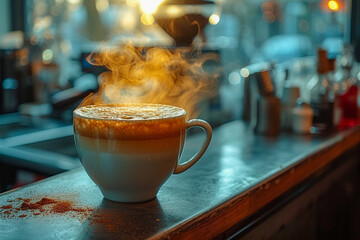 Hot cup of coffee is on the counter of a cafe, the coffee has just been prepared and some coffee powder is lying around