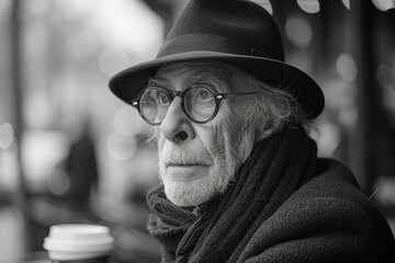 Old gray haired man with glasses sitting in a cafe and looking thoughtfully into the distance, in black and white