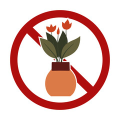 Vector prohibition sign with a rare plant in a pot isolated from the background. Growing flowers in pots is forbidden. The danger of extinction of rare flowers - 770473253
