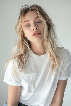photography of a woman with a blonde hair, blue eyes, white t-shirt, full body, simple shot, 