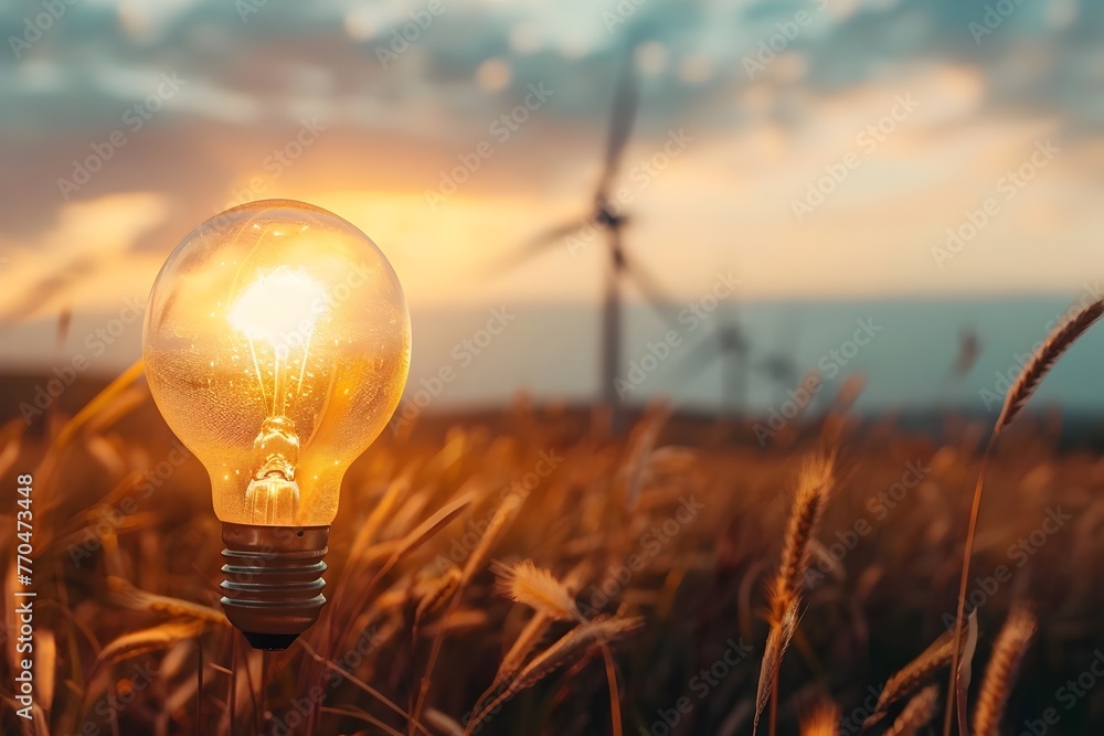 Poster renewable energy solution represented by illuminated lightbulb amidst serene wind turbines and count