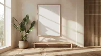 Minimalist interior with blank frame on wall, plant in vase, and bench in sunlight.