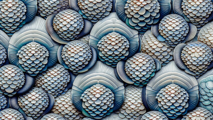 Repeated circles of reptile scales. 3D textured background of skin tiles. Concept of skin pattern background of dragon, fish, reptiles, abstract, geometry, mosaic, horror, technology. 3D illustration.