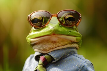 Stylish Frog in Sunglasses and Tie Flashing a Smile in Natural Habitat - obrazy, fototapety, plakaty