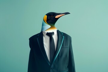 Surreal Anthropomorphic Penguin in Formal Business Attire Posing for Documentary Style Portrait