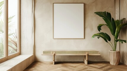 Modern interior with blank frame, bench, and plant beside window with natural light.