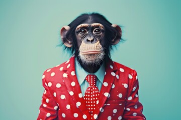 Surreal Portrait of a Playful Monkey Wearing A Bright Red and White Polka Dot Suit in a Vibrant Studio Setting