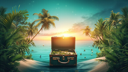 A suitcase has palm trees and sand tucked in it - obrazy, fototapety, plakaty