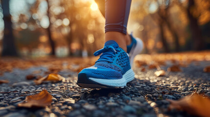 Womans Feet in Blue Running Shoes - obrazy, fototapety, plakaty
