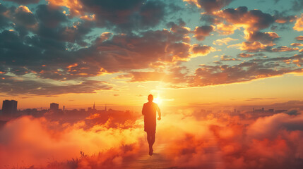 A man is running through a foggy, orange sky - obrazy, fototapety, plakaty