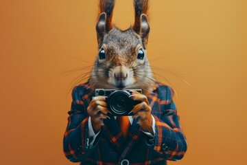 Upright Squirrel in Navy and Orange Plaid Suit Capturing a Candid Documentary Style Portrait - obrazy, fototapety, plakaty