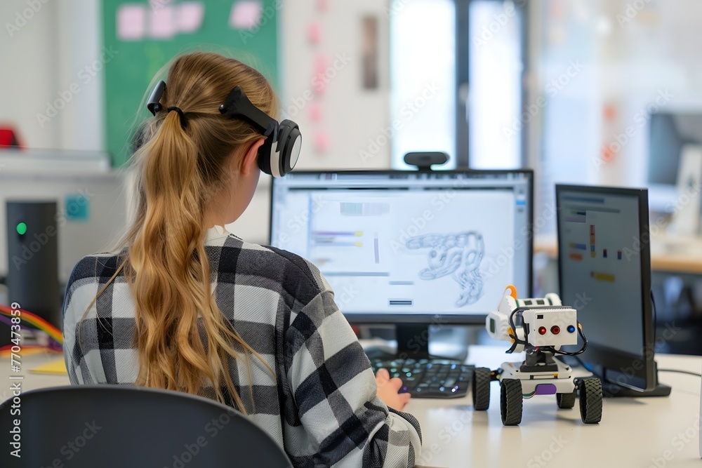 Aufkleber young female student using computer and mini robot at desk in workspace
