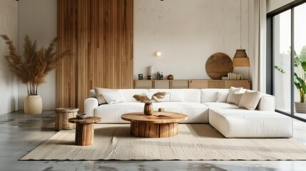 Modern living room interior with wooden accents, neutral tones, and minimalist design.