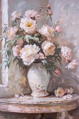 Vintage oil painting, impressionist, flower vase on table
