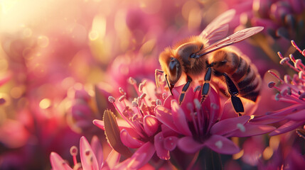A bee is on a pink flower. The bee is looking at the camera