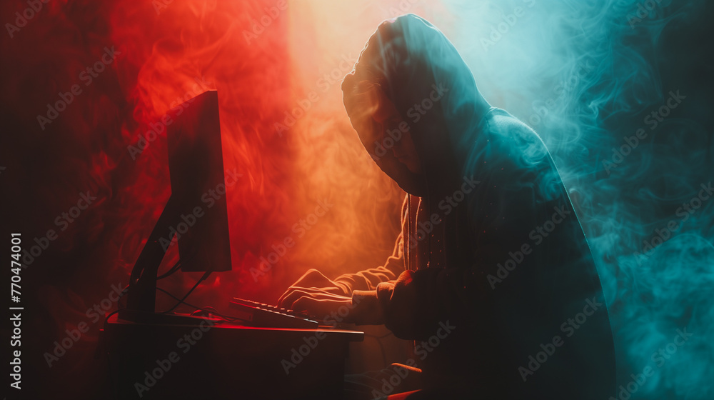 Poster a man is sitting in front of a computer with a hood over his head. the computer screen is lit up and
