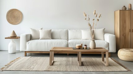 Fototapeta na wymiar Modern living room interior with white sofa, wooden furniture, and neutral decor.