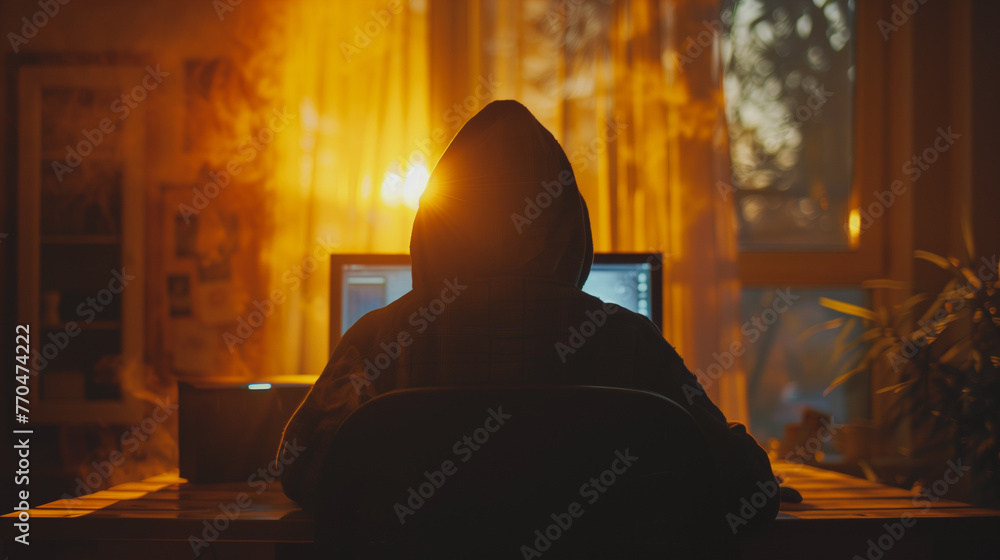 Poster a man is sitting in front of a computer with a hood over his head. the computer screen is lit up and