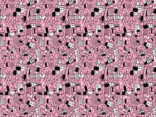 Flat abstract doodle background, pink, white, black color. Monochrome image, white background - obrazy, fototapety, plakaty