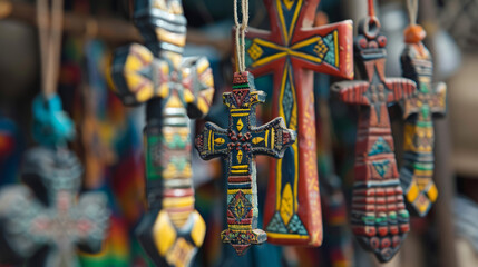 Detailed photo focusing on vibrant hand-painted African crosses with intricate designs, sold as cultural artifacts