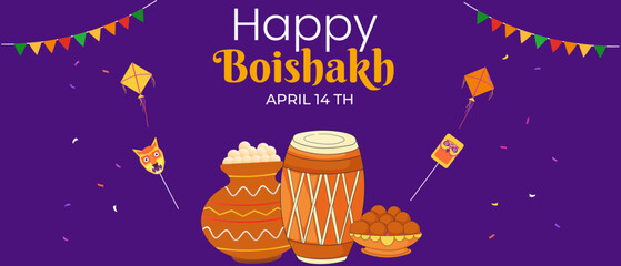 Happy Baisakhi April 14horizontal banner design. Bengali New Year Pohela Boishakh background.