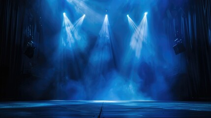 Empty stage with dramatic blue lighting and smoke effects, creating a mysterious atmosphere.